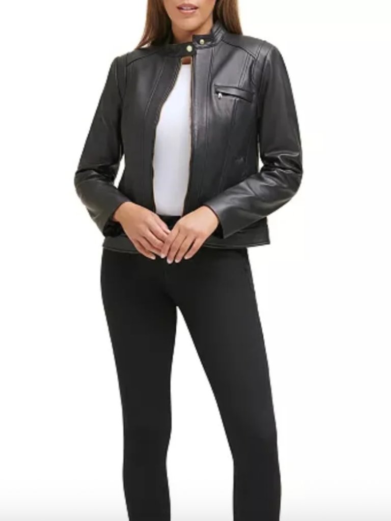 New Cole Haan Black 100% Lamb Leather Moto Style Zip Jacket Size Xl